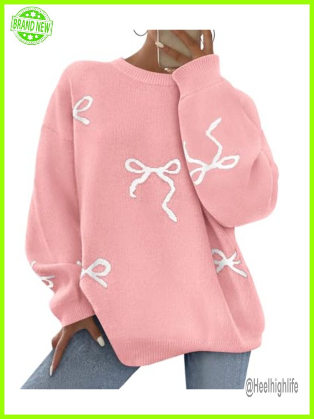 Women's Long Sleeve Crew Neck Oversized Chunky Knit Bow Sweater